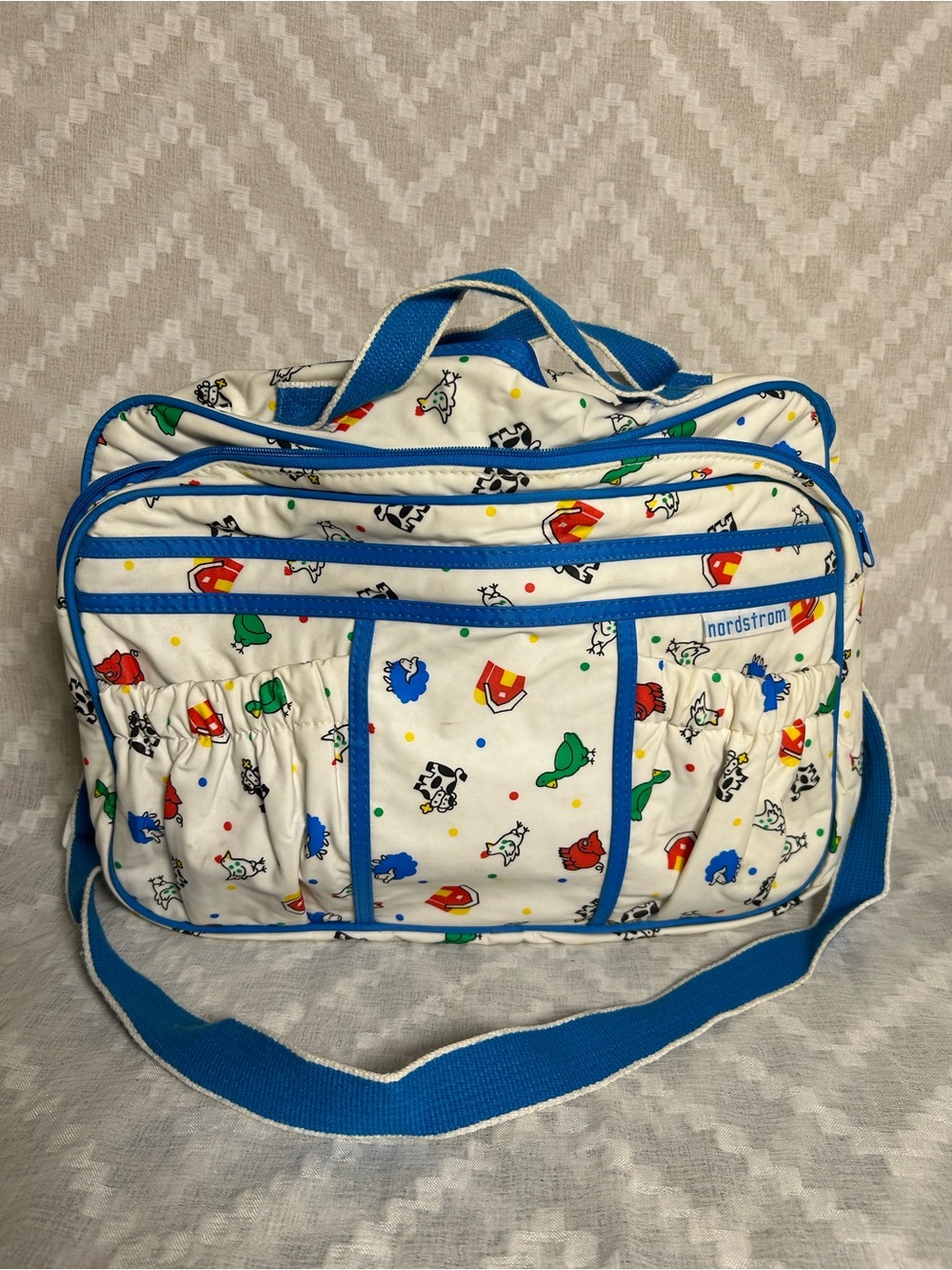 Nordstrom White Kids Animal Print diaper Bag with Blue Trim
